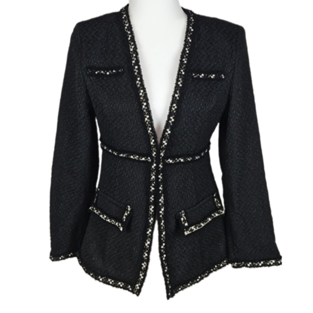 Boucle Contrast Trim Work Office Style Blazer Jacket Black White Sleek S